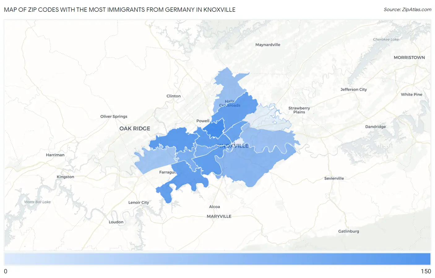 Zip Codes with the Most Immigrants from Germany in Knoxville Map