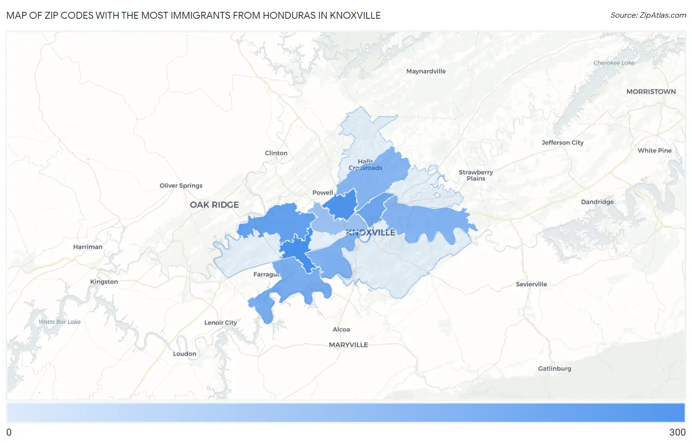 Zip Codes with the Most Immigrants from Honduras in Knoxville Map