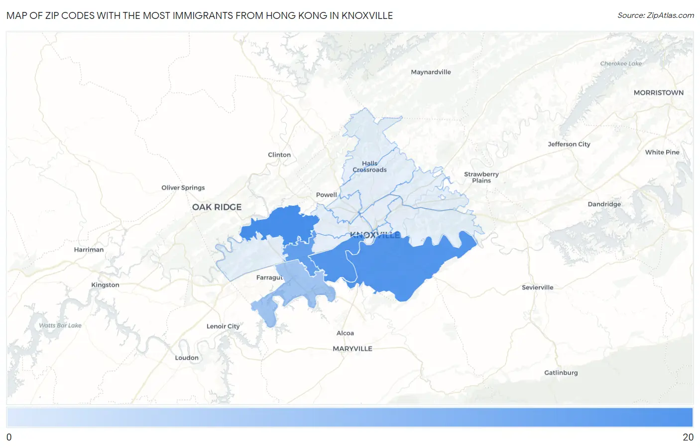 Zip Codes with the Most Immigrants from Hong Kong in Knoxville Map