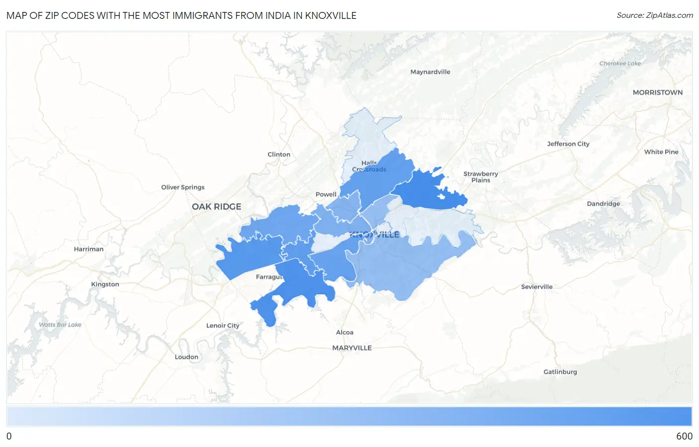 Zip Codes with the Most Immigrants from India in Knoxville Map