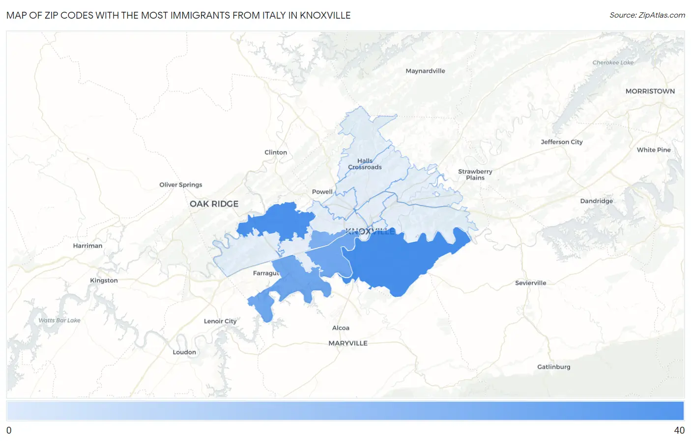 Zip Codes with the Most Immigrants from Italy in Knoxville Map