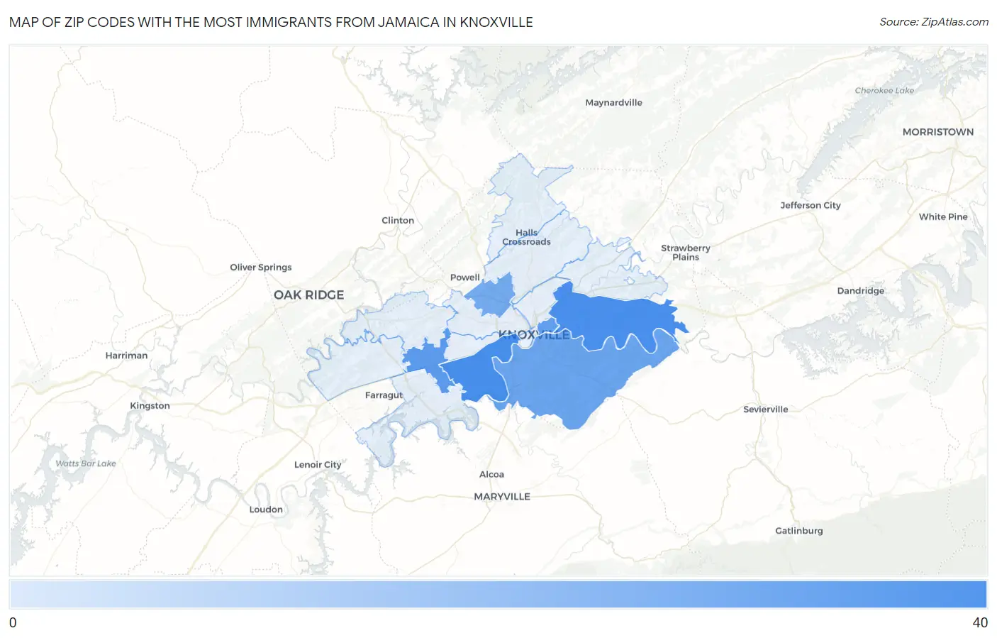 Zip Codes with the Most Immigrants from Jamaica in Knoxville Map