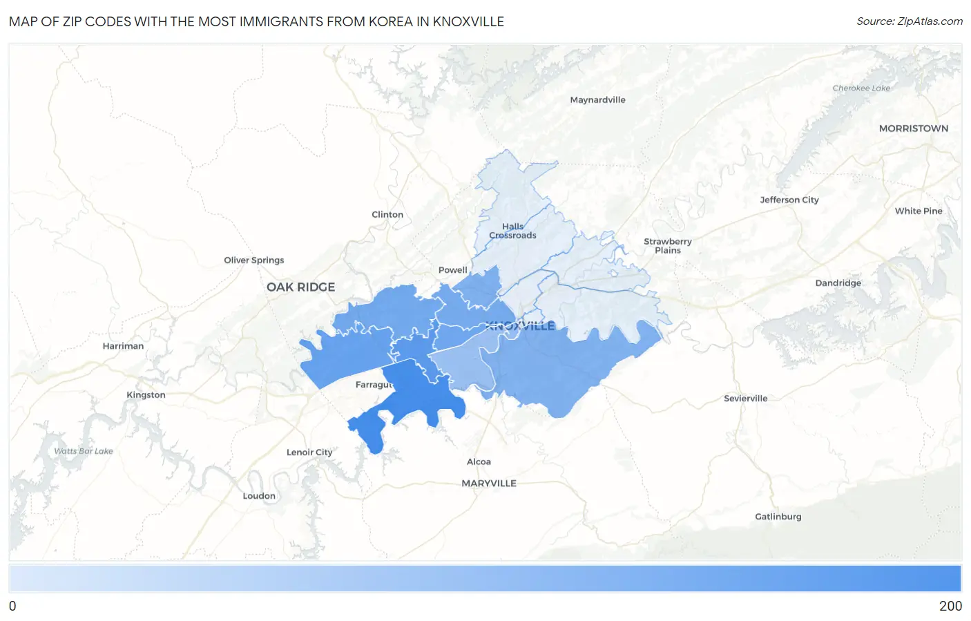 Zip Codes with the Most Immigrants from Korea in Knoxville Map