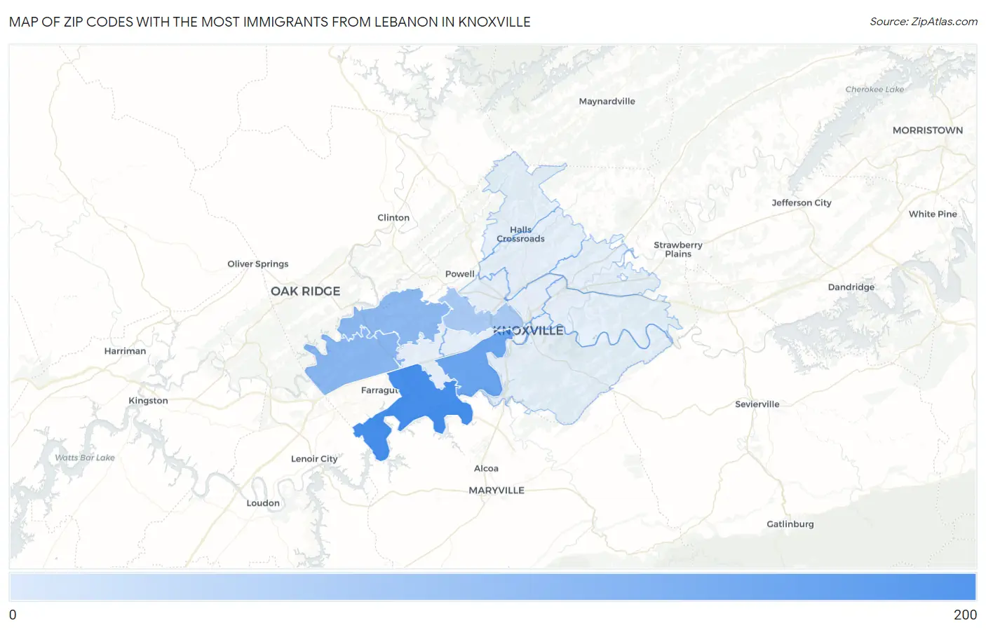 Zip Codes with the Most Immigrants from Lebanon in Knoxville Map