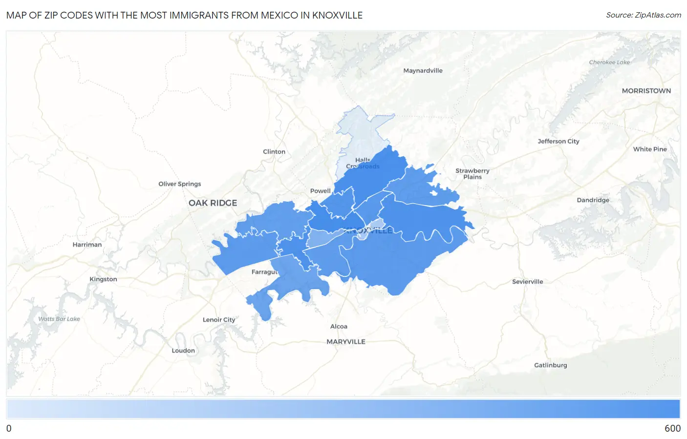 Zip Codes with the Most Immigrants from Mexico in Knoxville Map