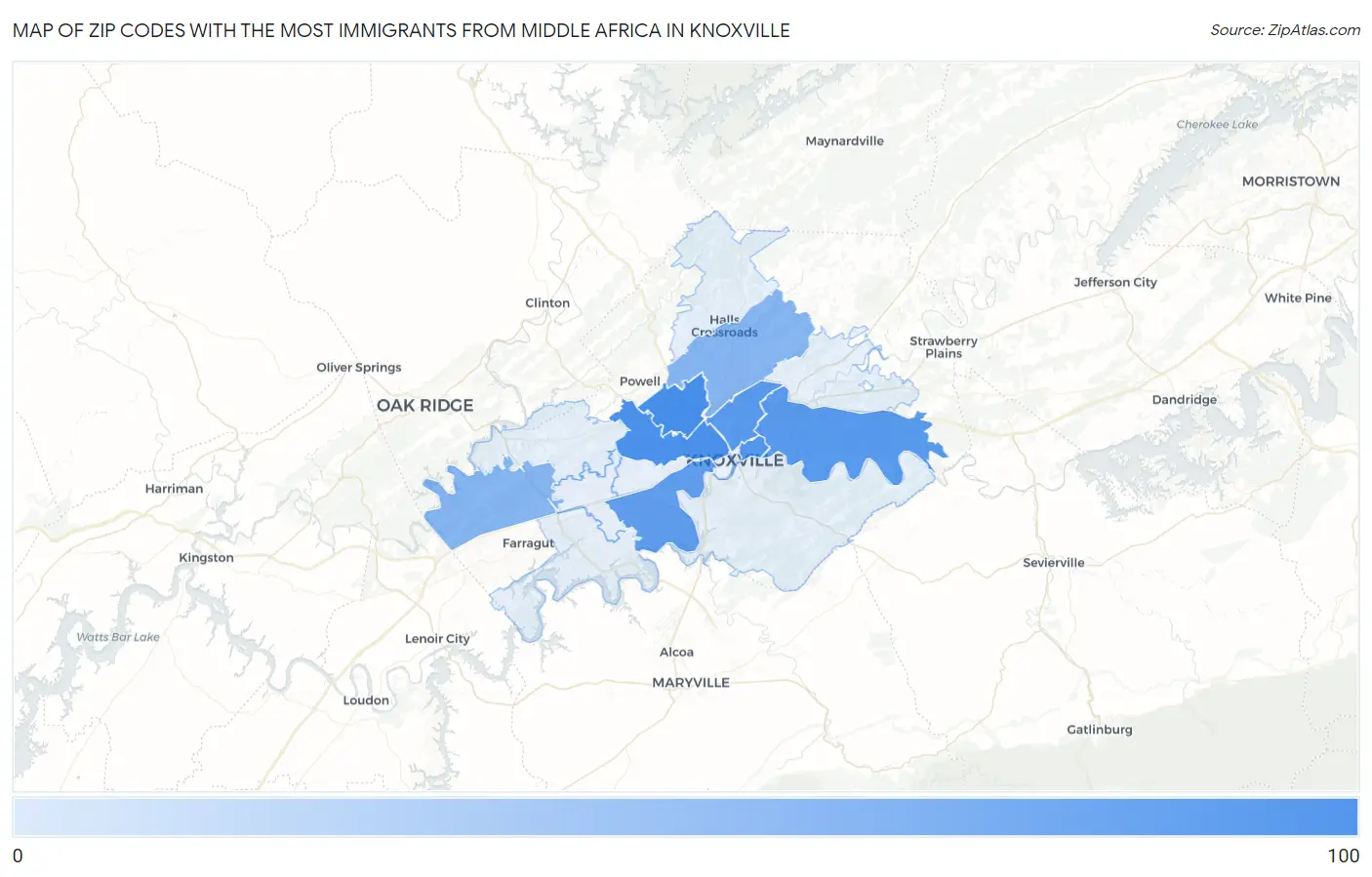 Zip Codes with the Most Immigrants from Middle Africa in Knoxville Map
