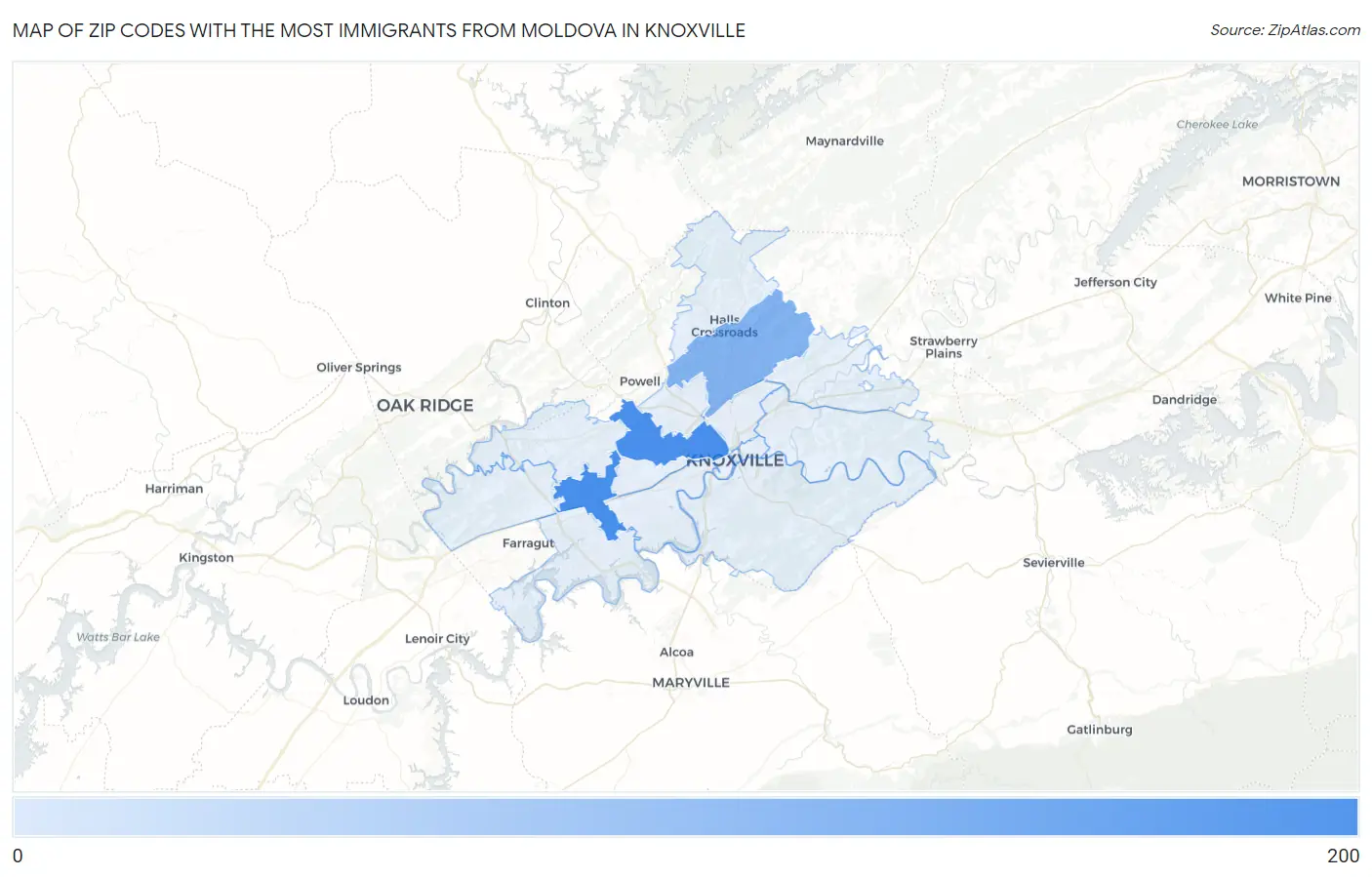 Zip Codes with the Most Immigrants from Moldova in Knoxville Map