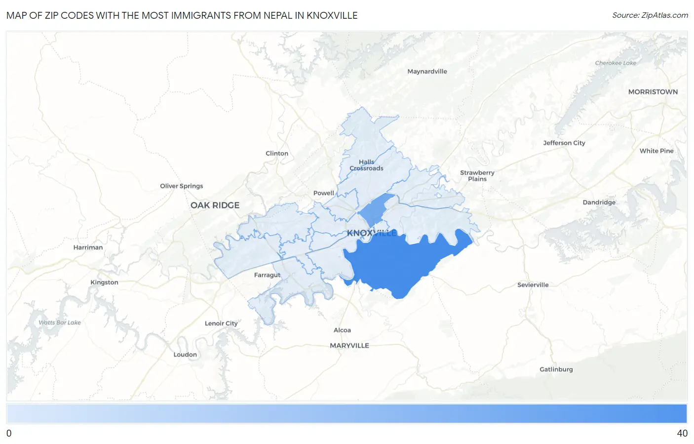 Zip Codes with the Most Immigrants from Nepal in Knoxville Map