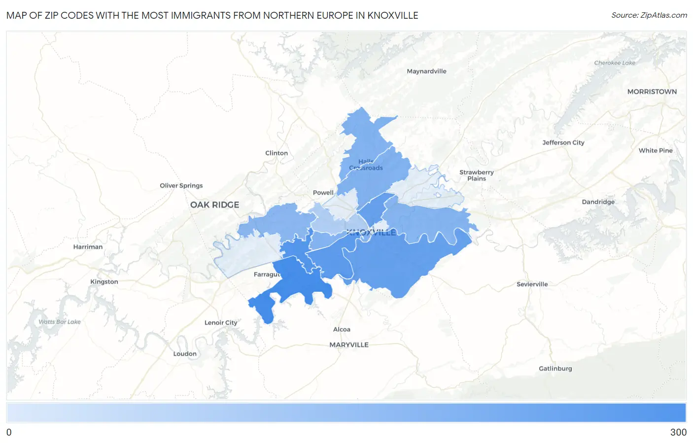 Zip Codes with the Most Immigrants from Northern Europe in Knoxville Map