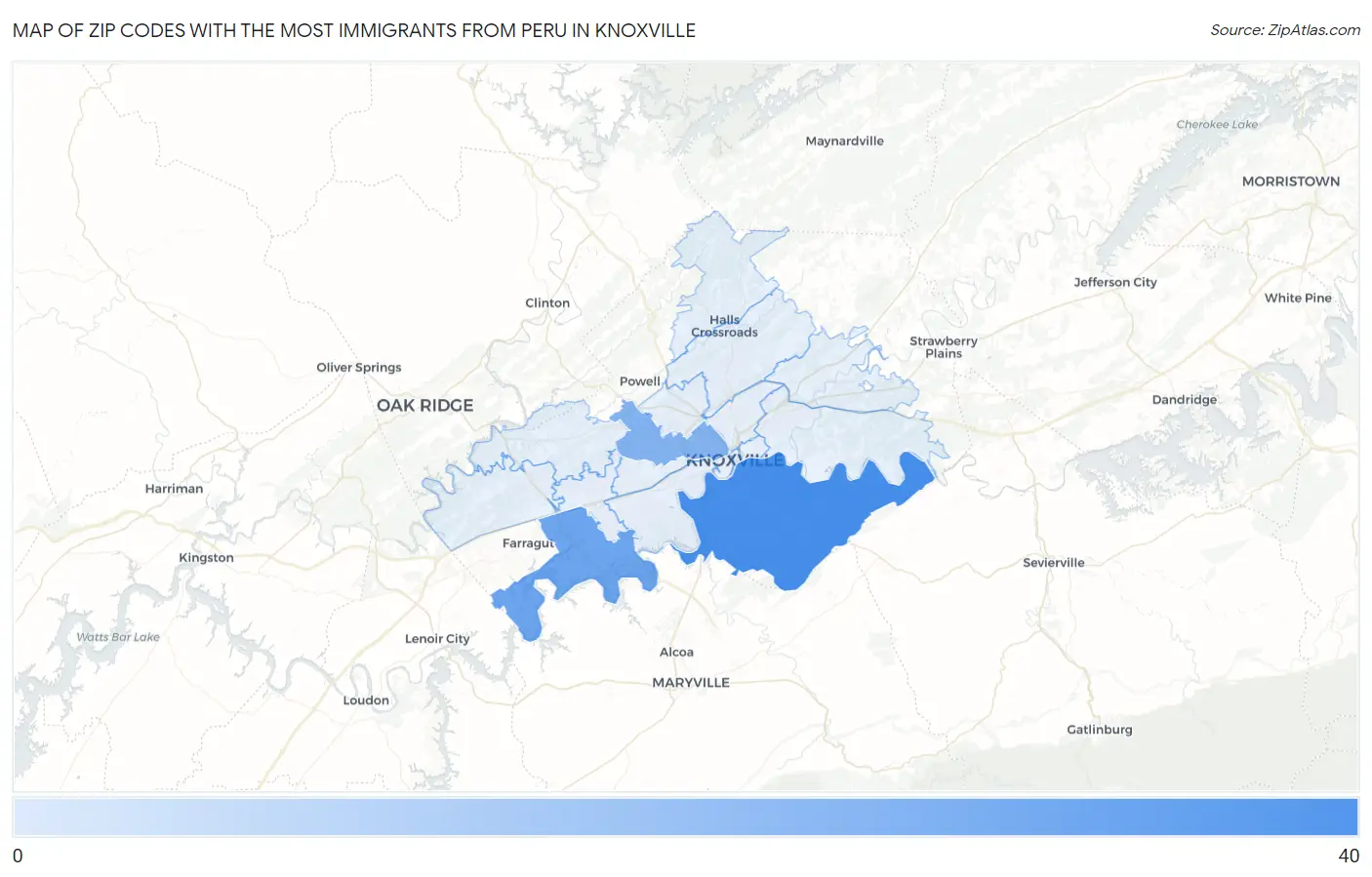 Zip Codes with the Most Immigrants from Peru in Knoxville Map