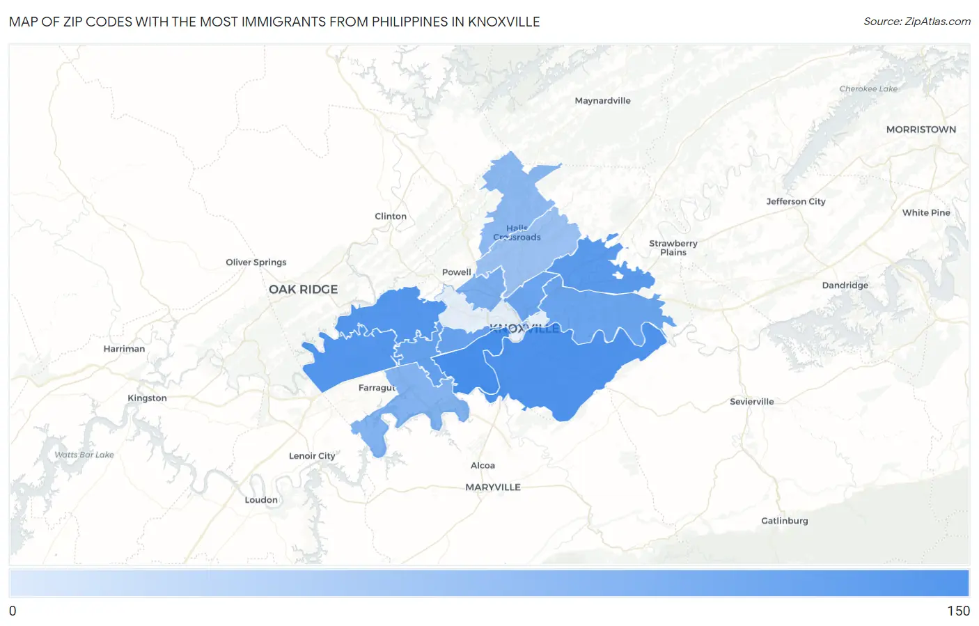Zip Codes with the Most Immigrants from Philippines in Knoxville Map