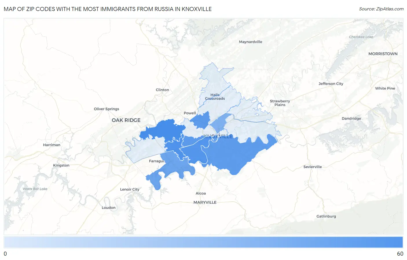 Zip Codes with the Most Immigrants from Russia in Knoxville Map