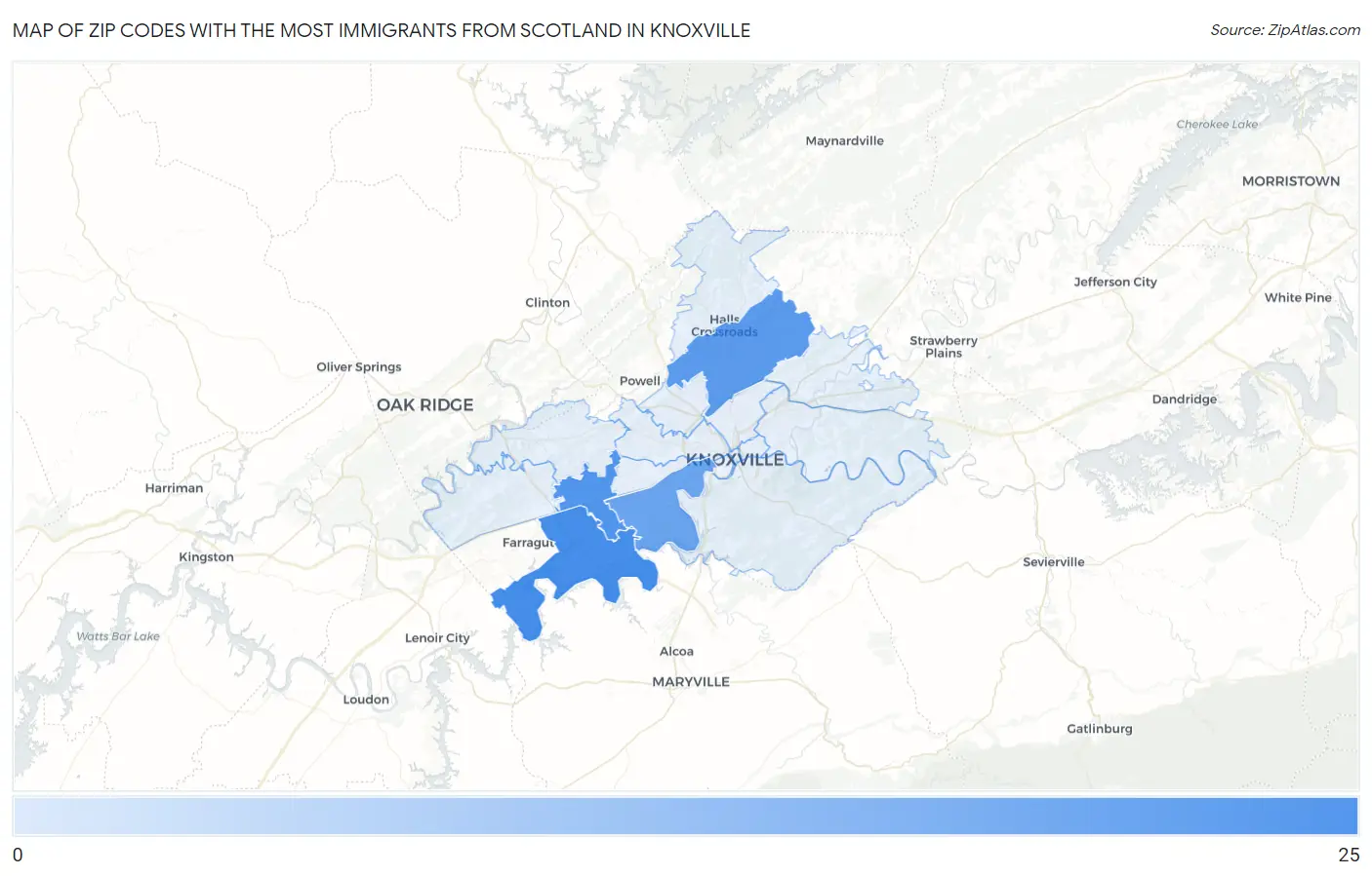 Zip Codes with the Most Immigrants from Scotland in Knoxville Map