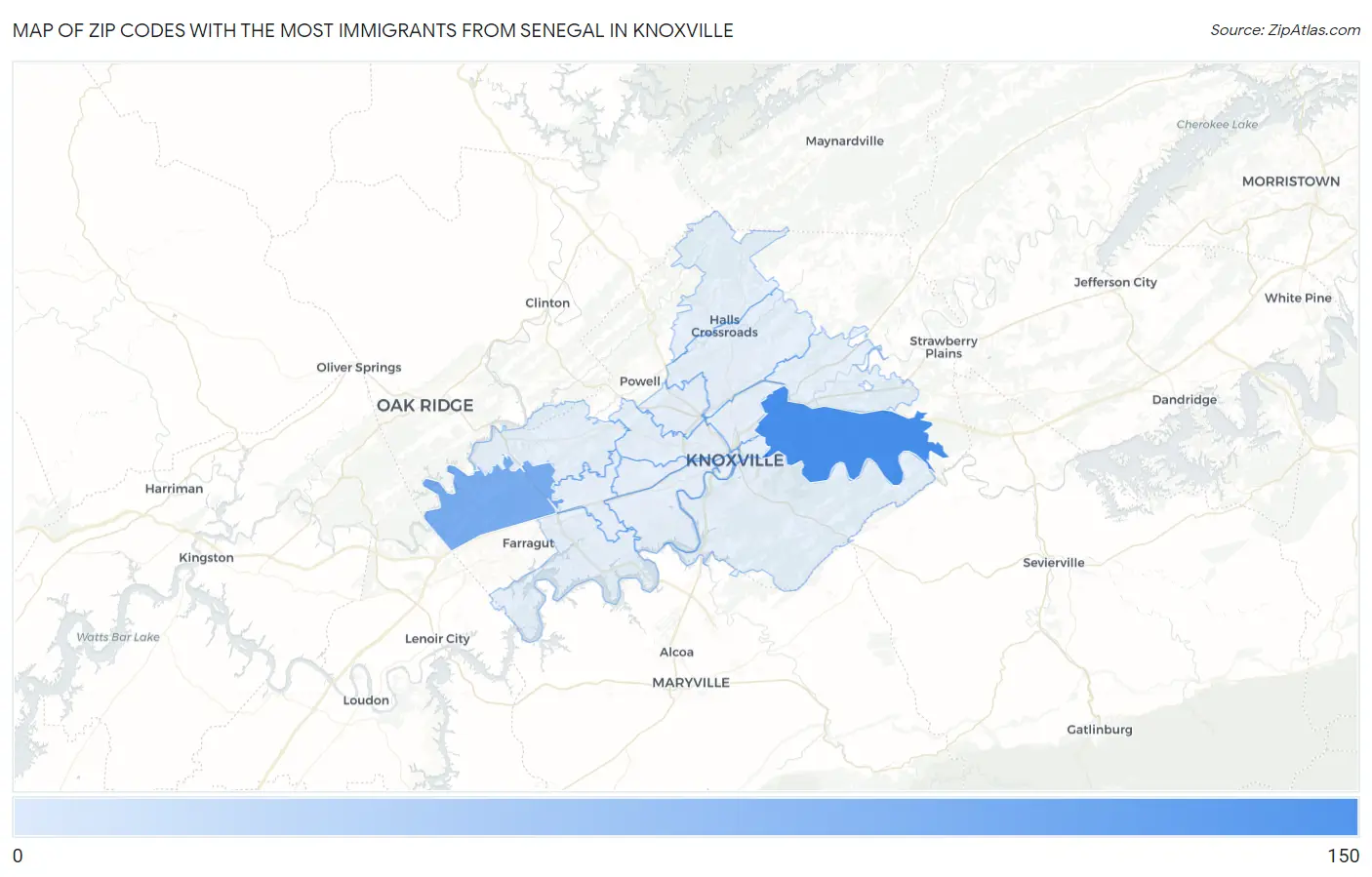 Zip Codes with the Most Immigrants from Senegal in Knoxville Map