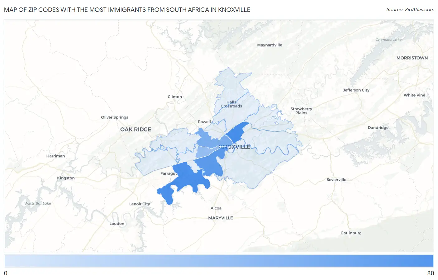 Zip Codes with the Most Immigrants from South Africa in Knoxville Map