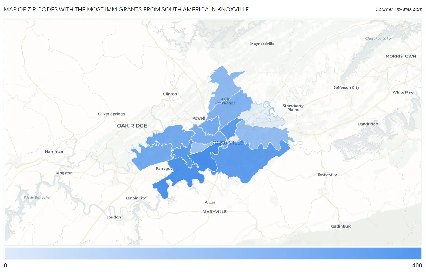 Zip Codes with the Most Immigrants from South America in Knoxville Map