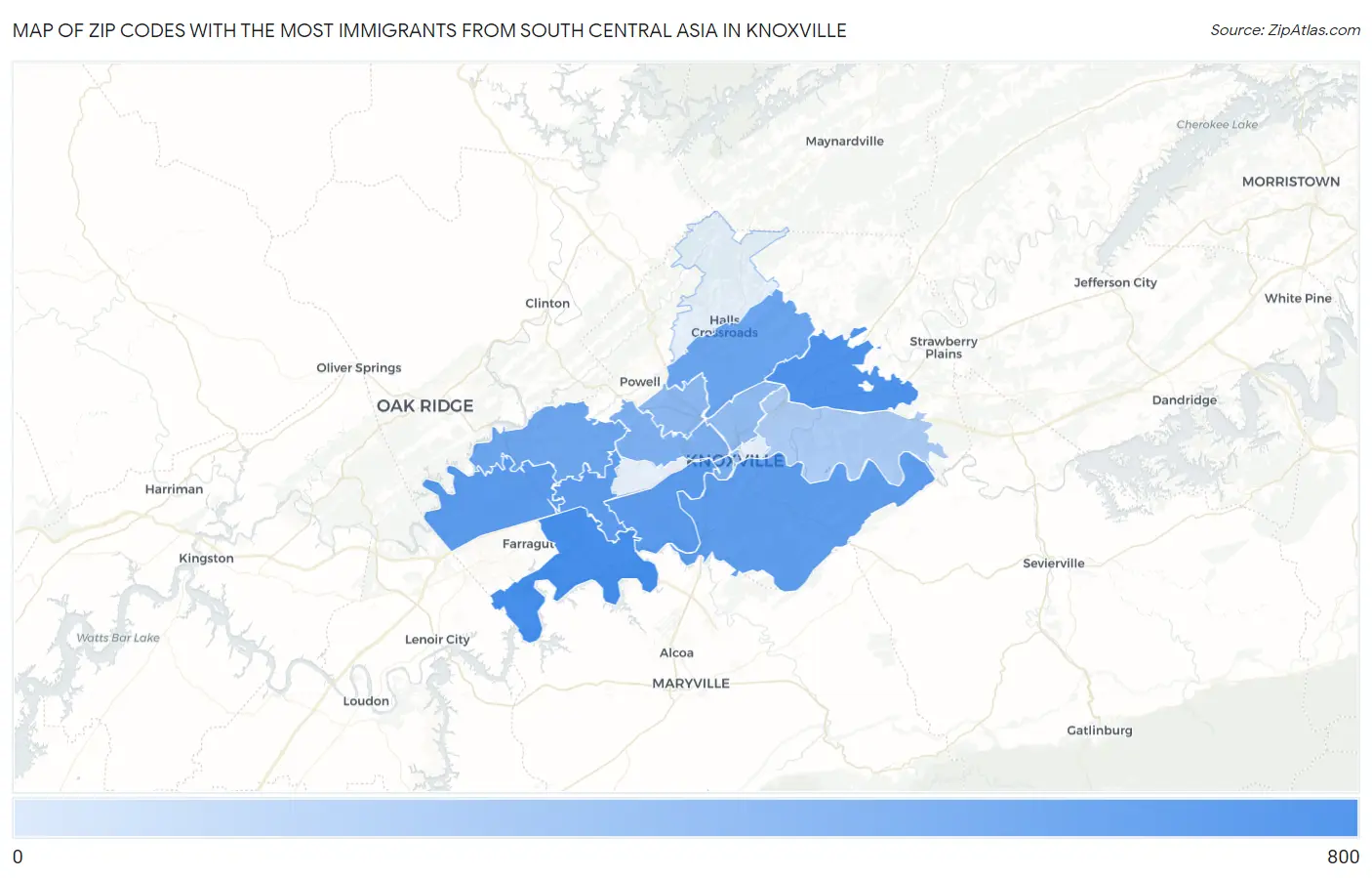 Zip Codes with the Most Immigrants from South Central Asia in Knoxville Map