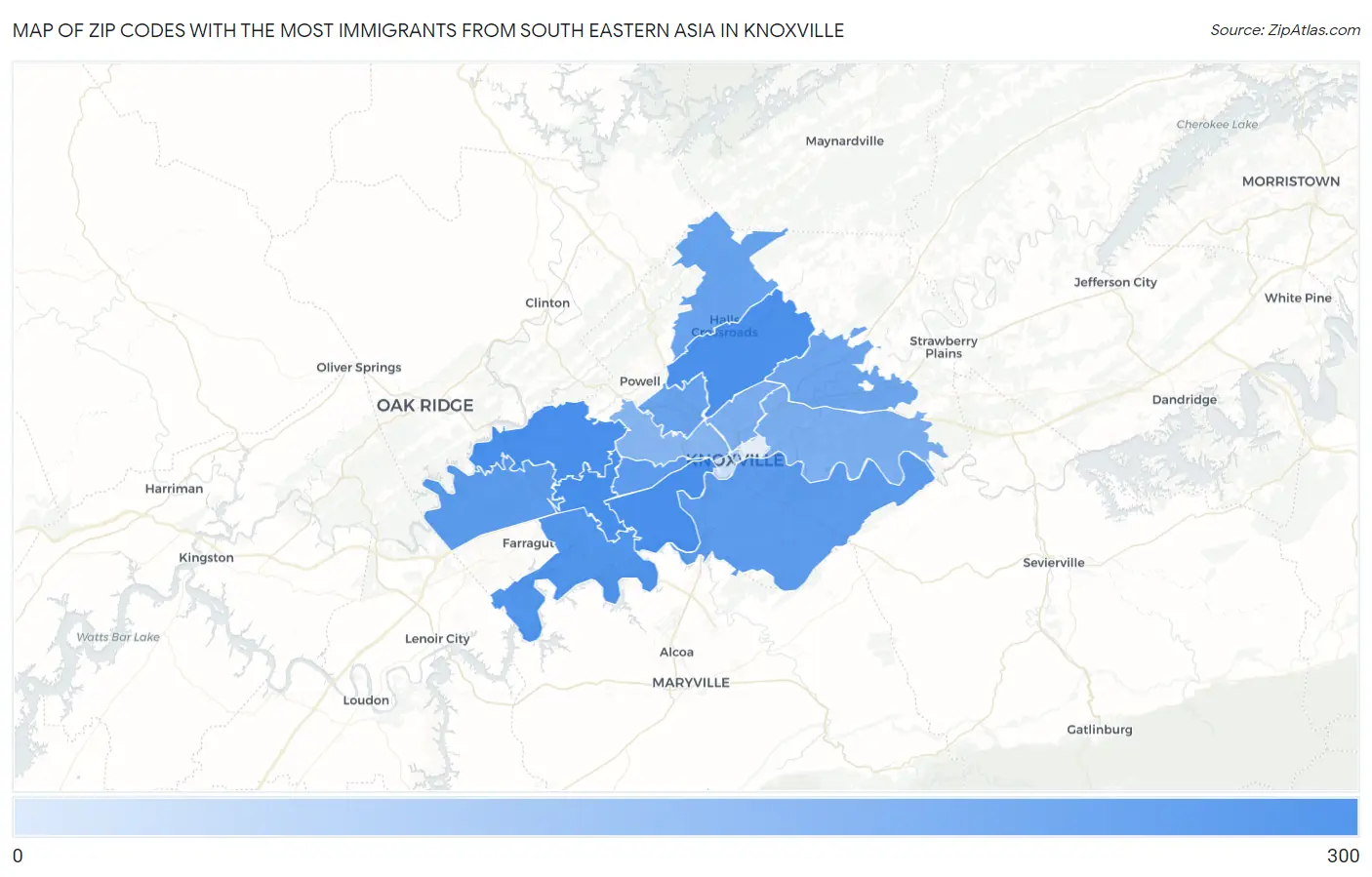 Zip Codes with the Most Immigrants from South Eastern Asia in Knoxville Map