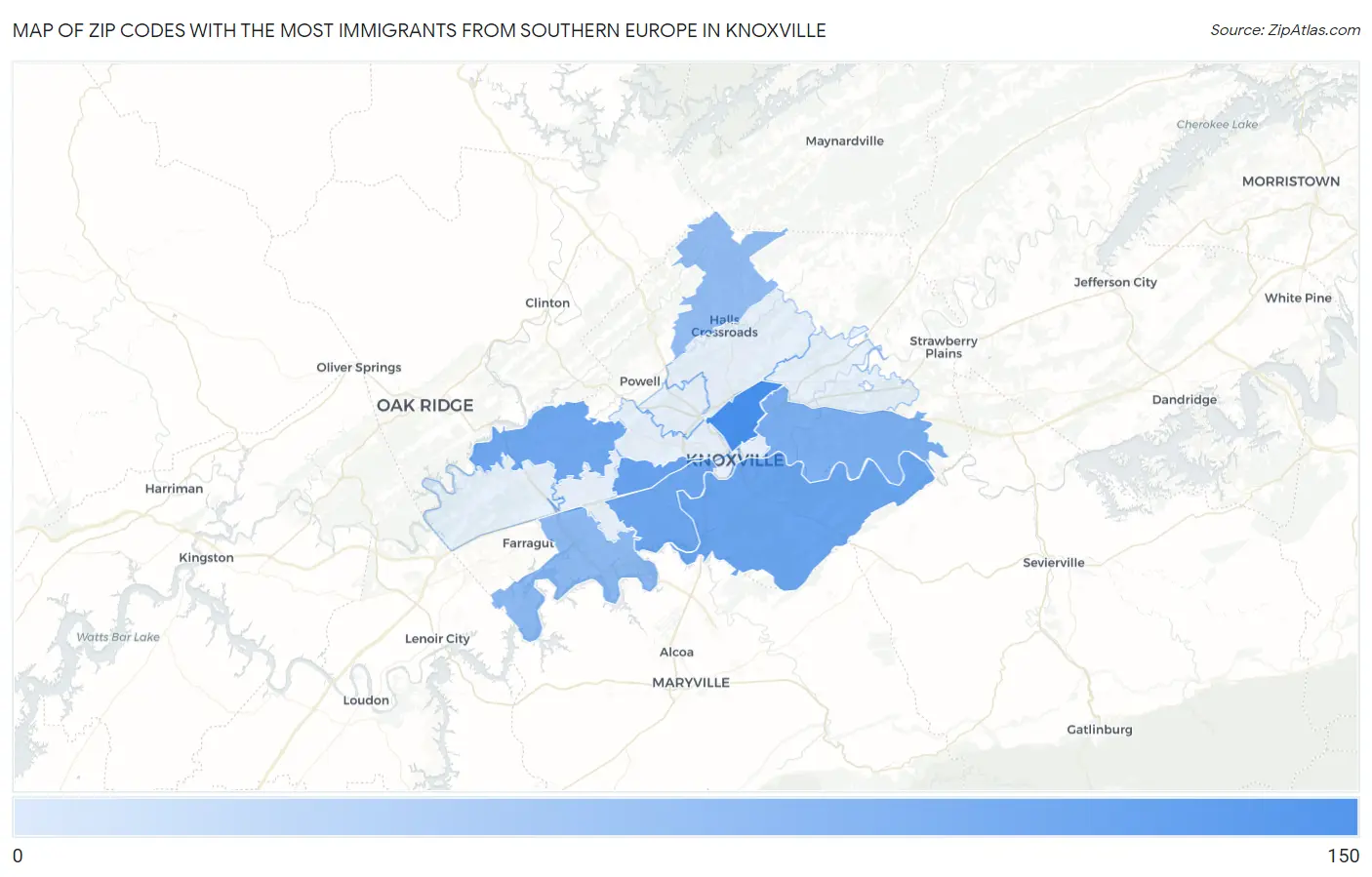 Zip Codes with the Most Immigrants from Southern Europe in Knoxville Map