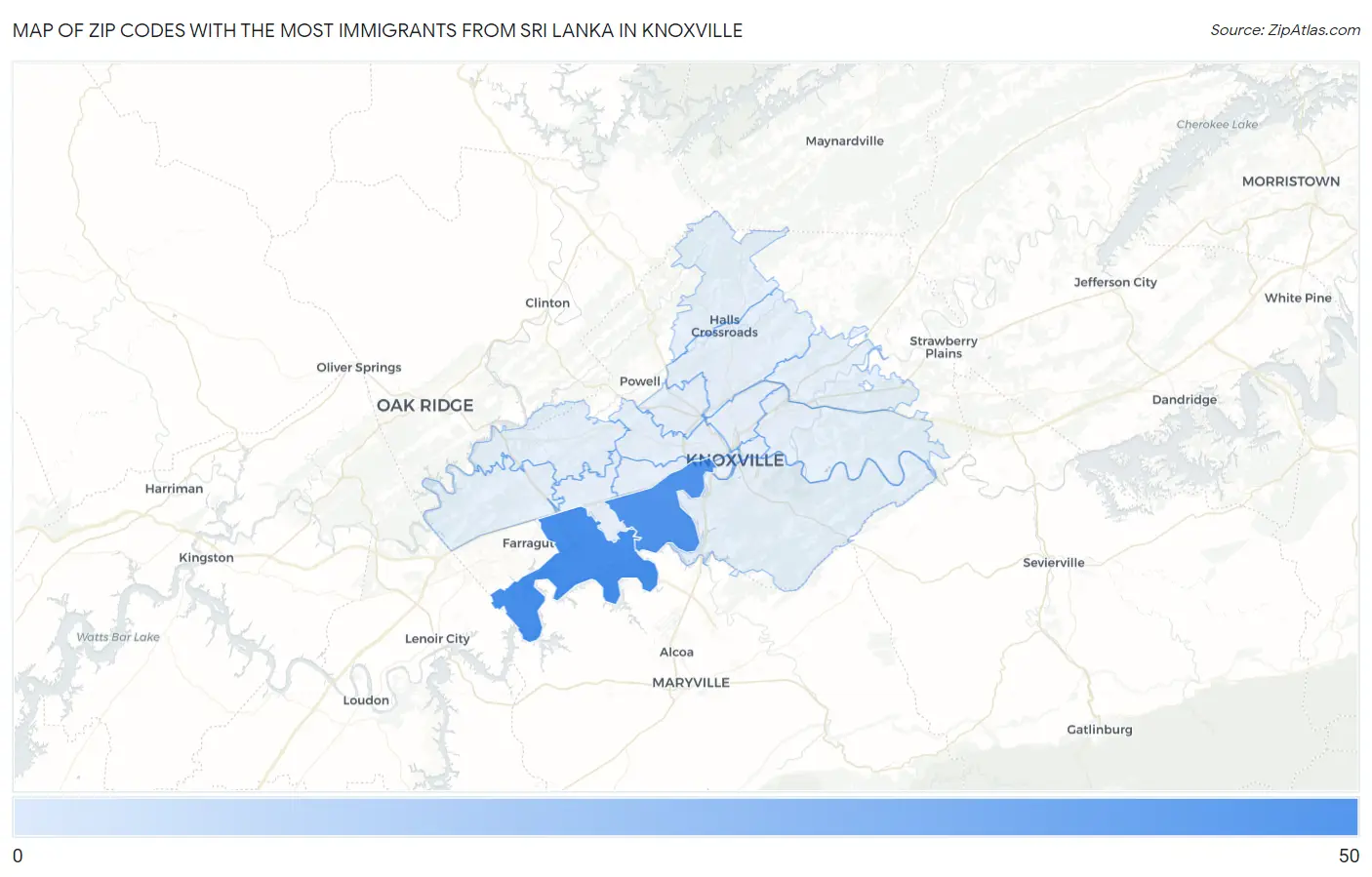 Zip Codes with the Most Immigrants from Sri Lanka in Knoxville Map