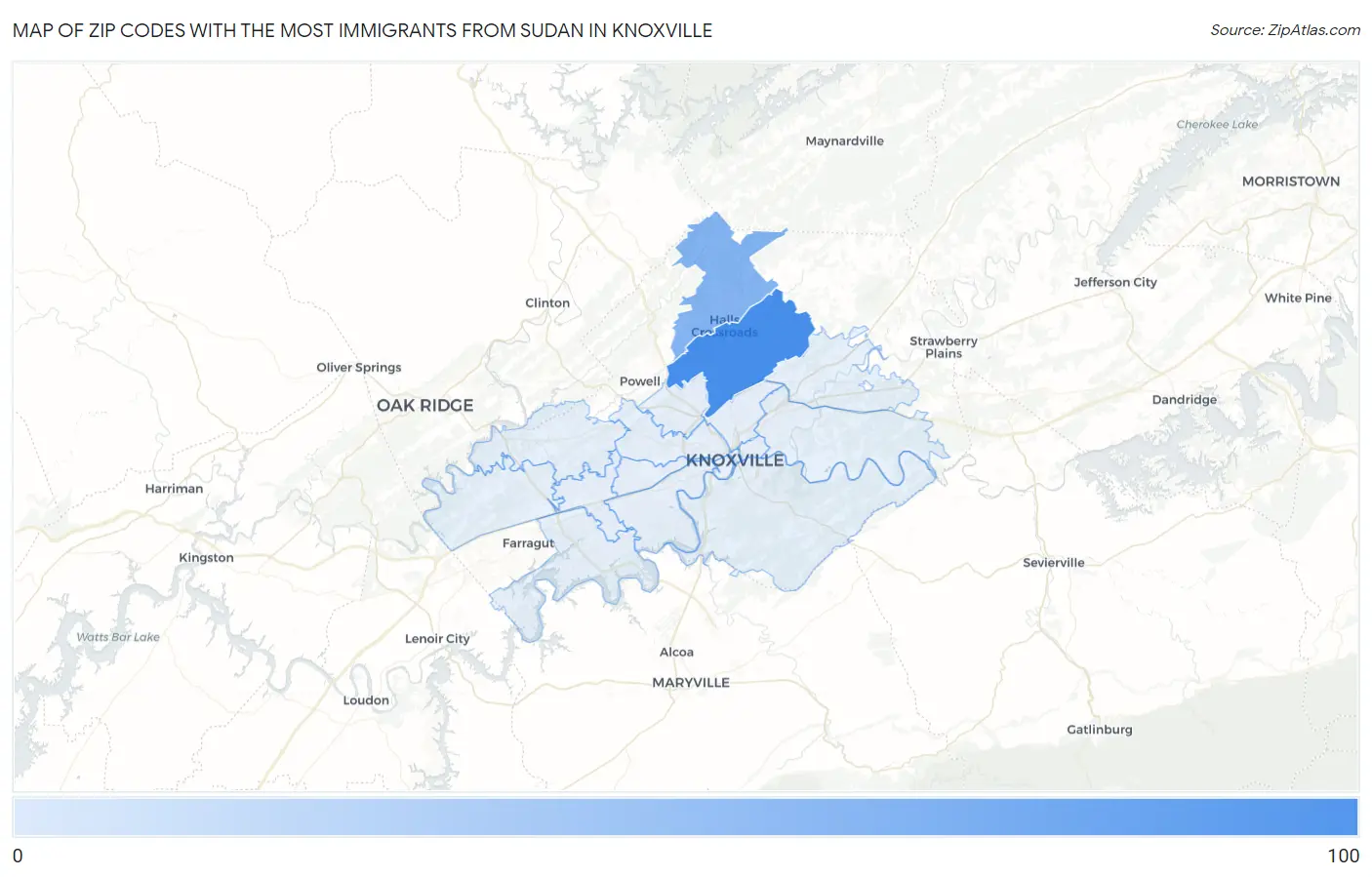 Zip Codes with the Most Immigrants from Sudan in Knoxville Map