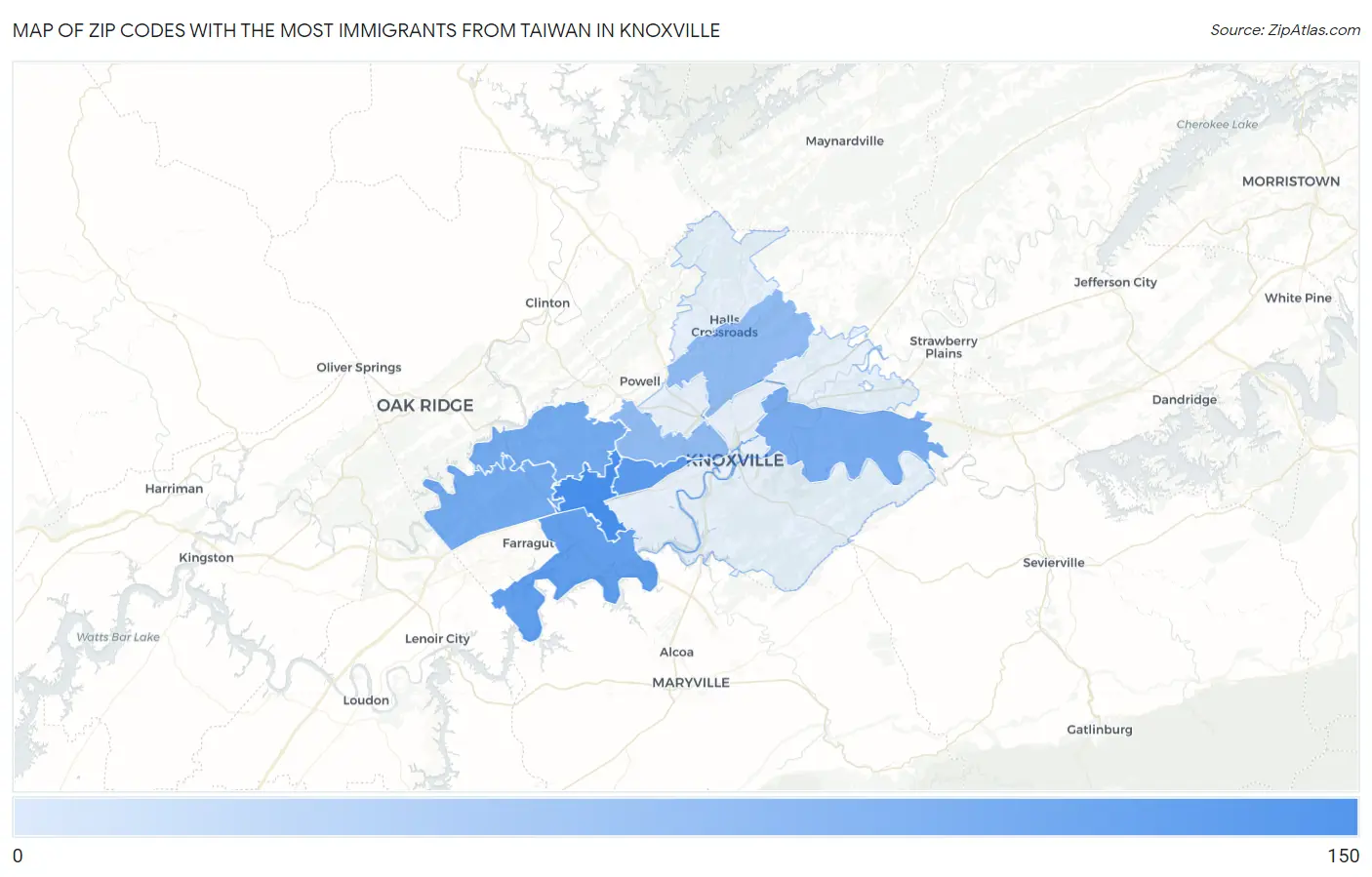 Zip Codes with the Most Immigrants from Taiwan in Knoxville Map