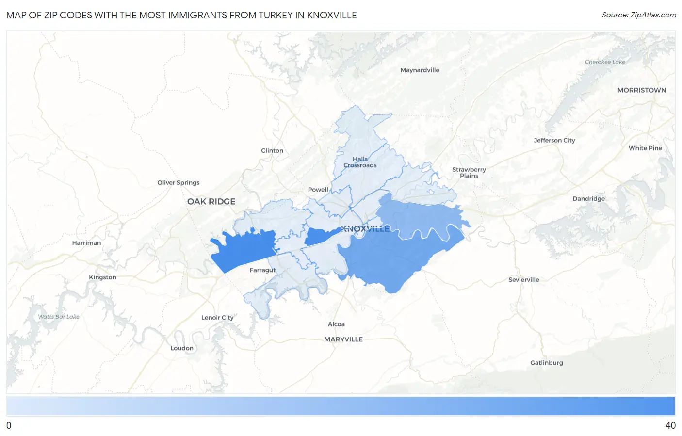 Zip Codes with the Most Immigrants from Turkey in Knoxville Map
