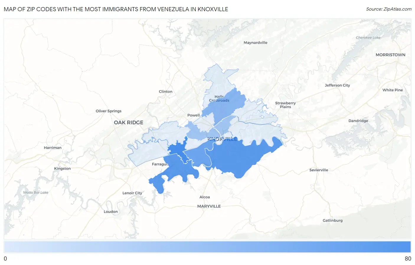 Zip Codes with the Most Immigrants from Venezuela in Knoxville Map