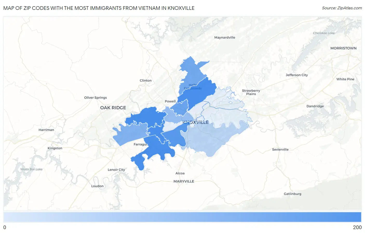 Zip Codes with the Most Immigrants from Vietnam in Knoxville Map