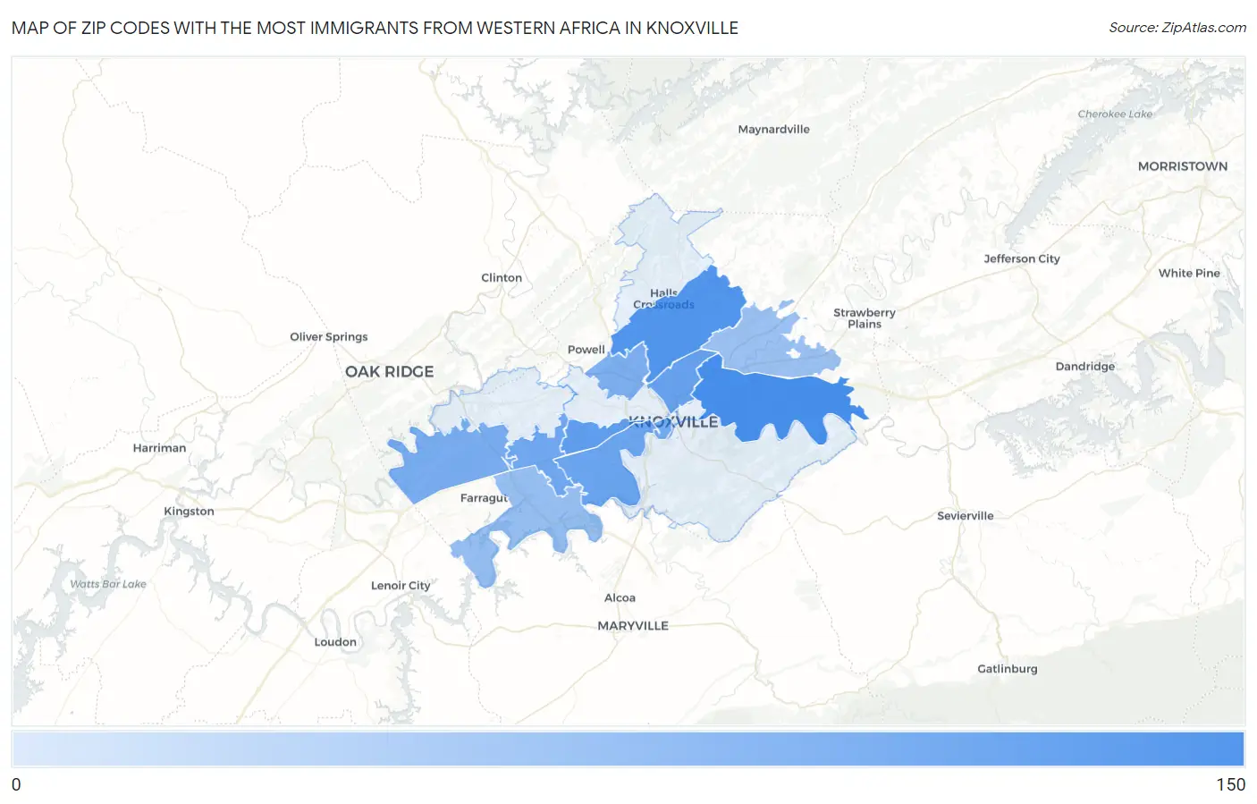 Zip Codes with the Most Immigrants from Western Africa in Knoxville Map
