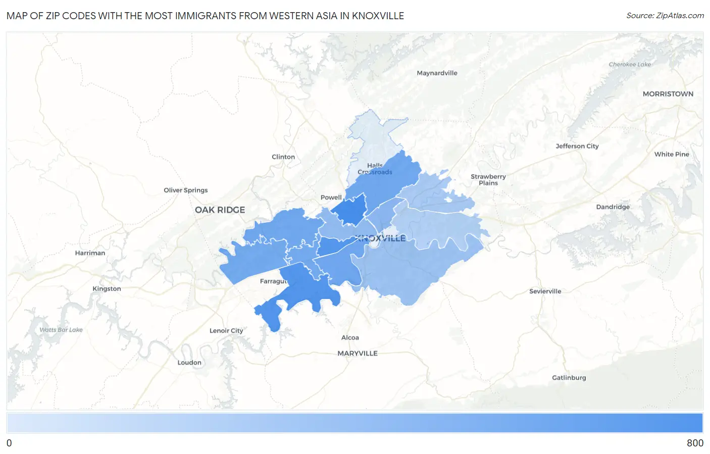 Zip Codes with the Most Immigrants from Western Asia in Knoxville Map