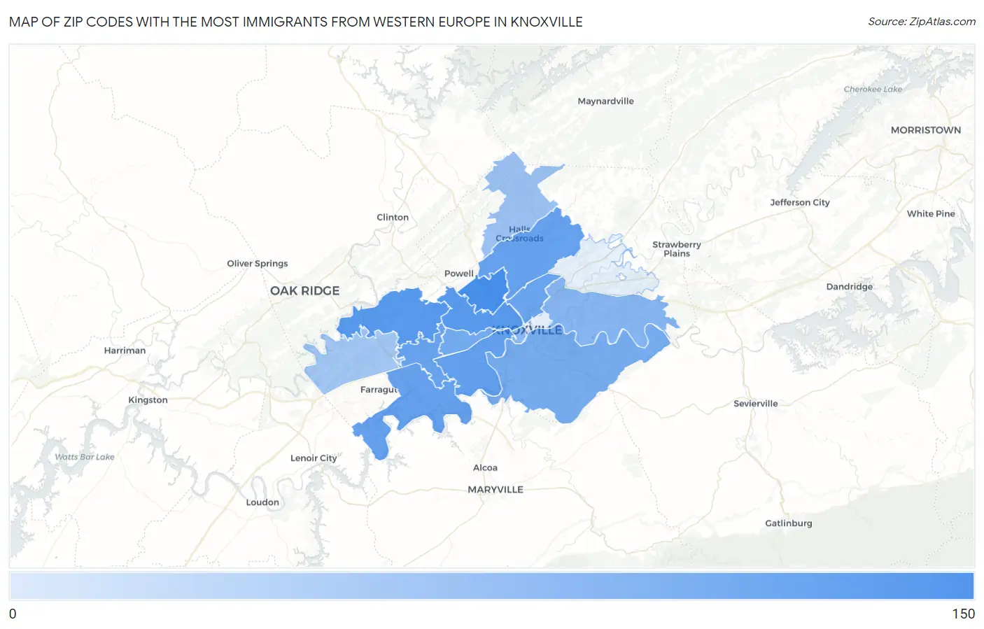 Zip Codes with the Most Immigrants from Western Europe in Knoxville Map