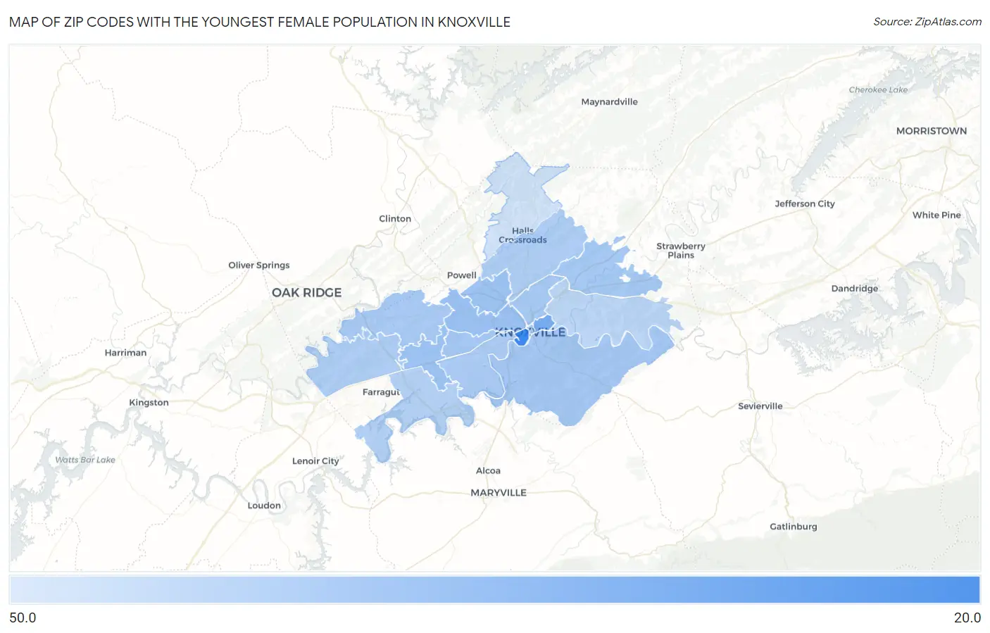 Zip Codes with the Youngest Female Population in Knoxville Map