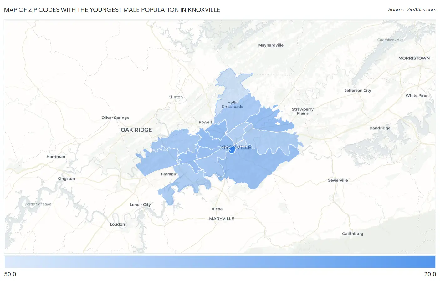 Zip Codes with the Youngest Male Population in Knoxville Map