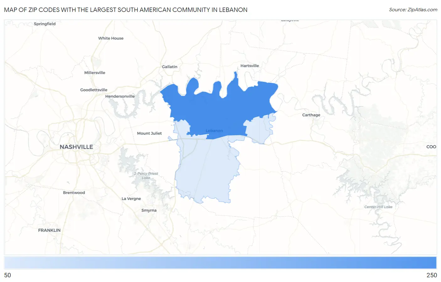 Zip Codes with the Largest South American Community in Lebanon Map