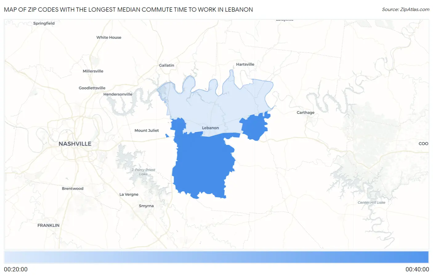 Zip Codes with the Longest Median Commute Time to Work in Lebanon Map