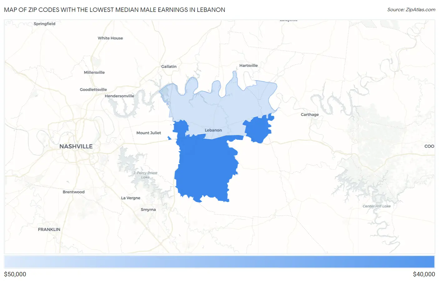 Zip Codes with the Lowest Median Male Earnings in Lebanon Map