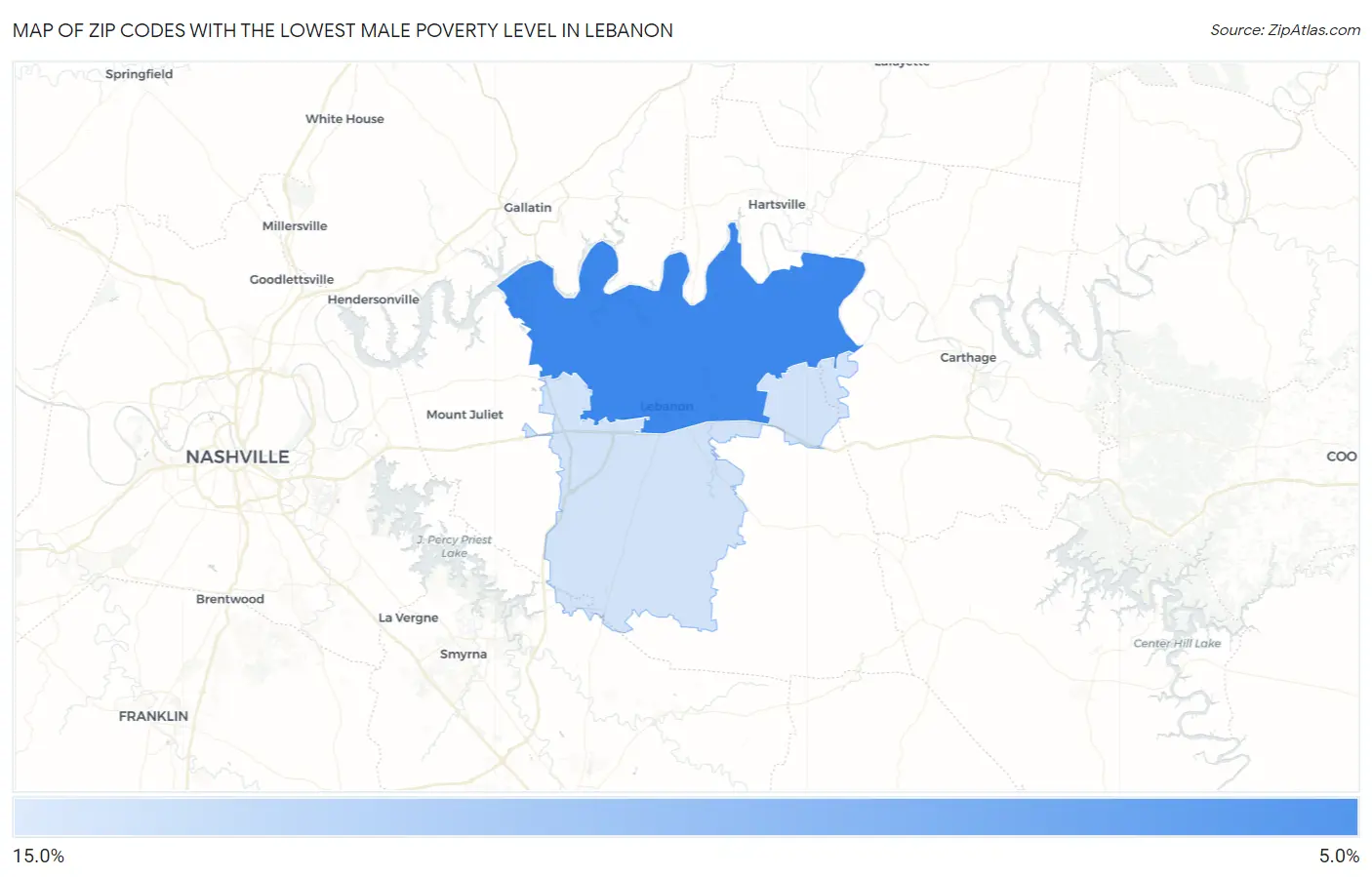 Zip Codes with the Lowest Male Poverty Level in Lebanon Map