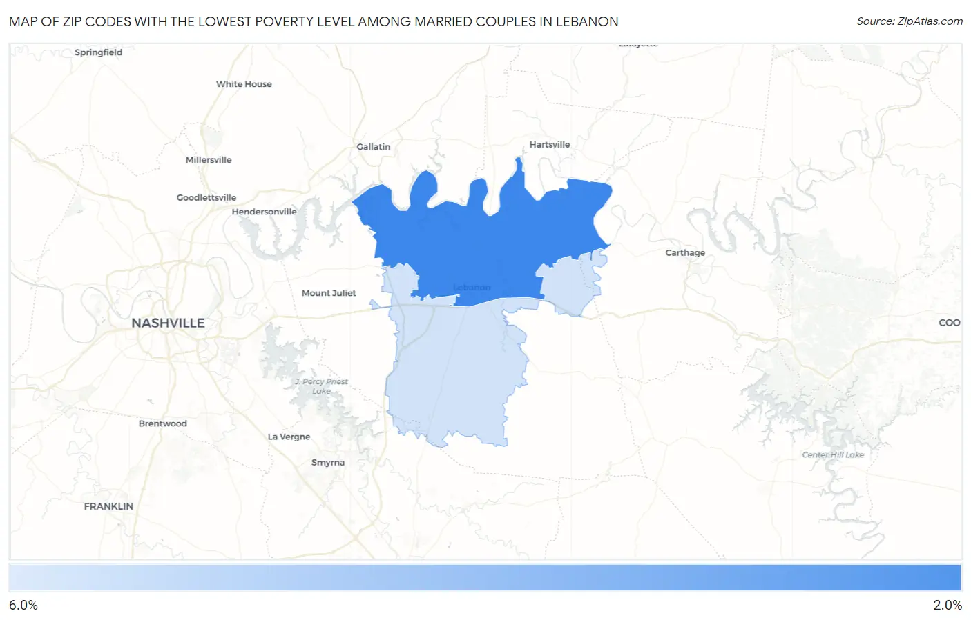 Zip Codes with the Lowest Poverty Level Among Married Couples in Lebanon Map