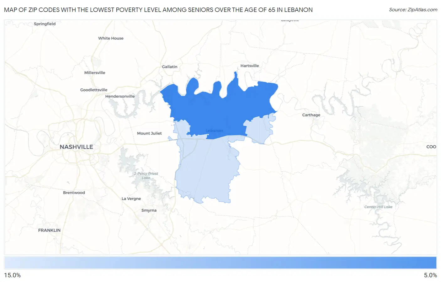 Zip Codes with the Lowest Poverty Level Among Seniors Over the Age of 65 in Lebanon Map