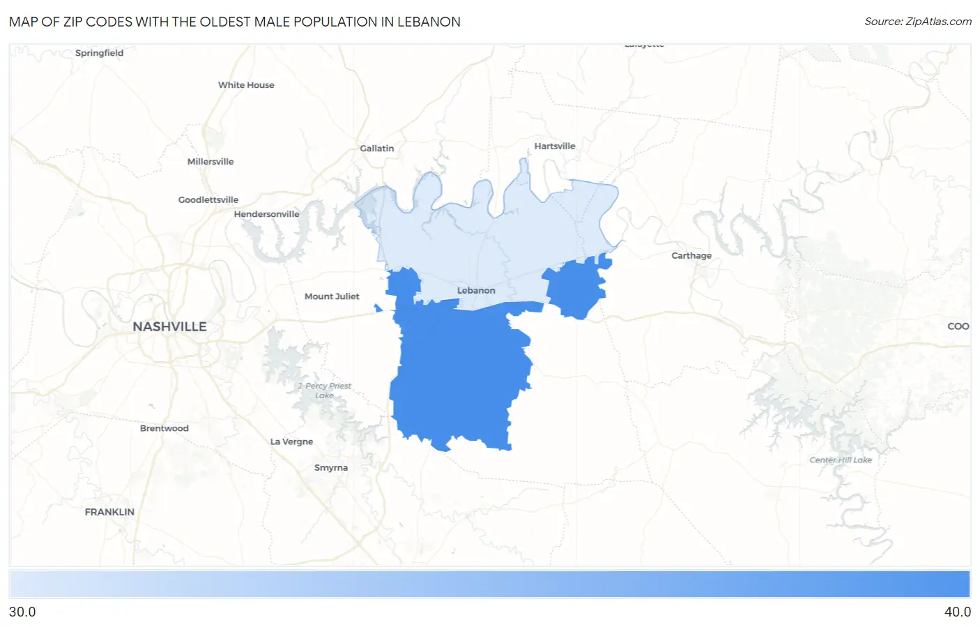 Zip Codes with the Oldest Male Population in Lebanon Map