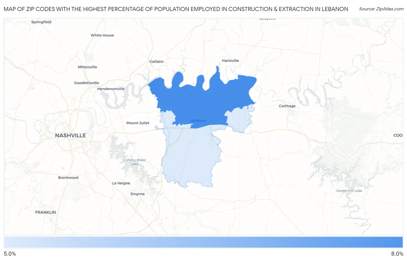 Zip Codes with the Highest Percentage of Population Employed in Construction & Extraction in Lebanon Map