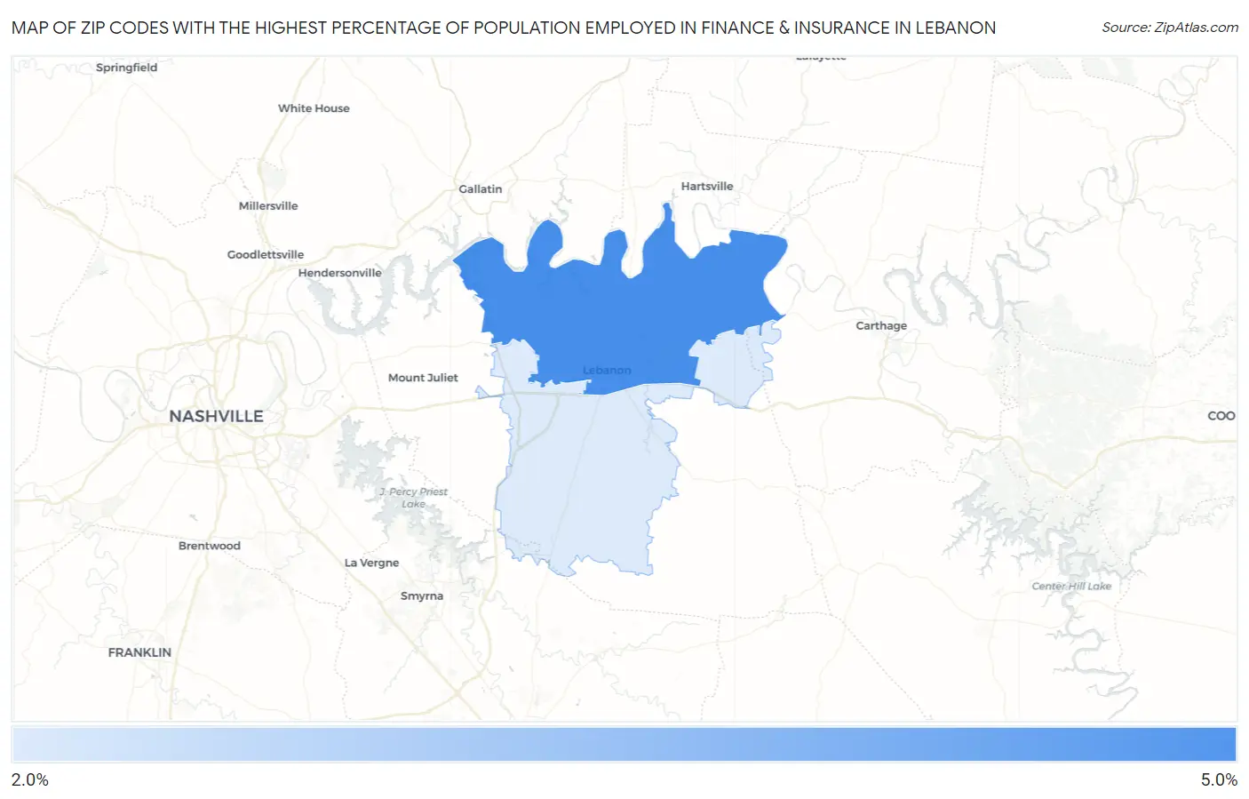 Zip Codes with the Highest Percentage of Population Employed in Finance & Insurance in Lebanon Map