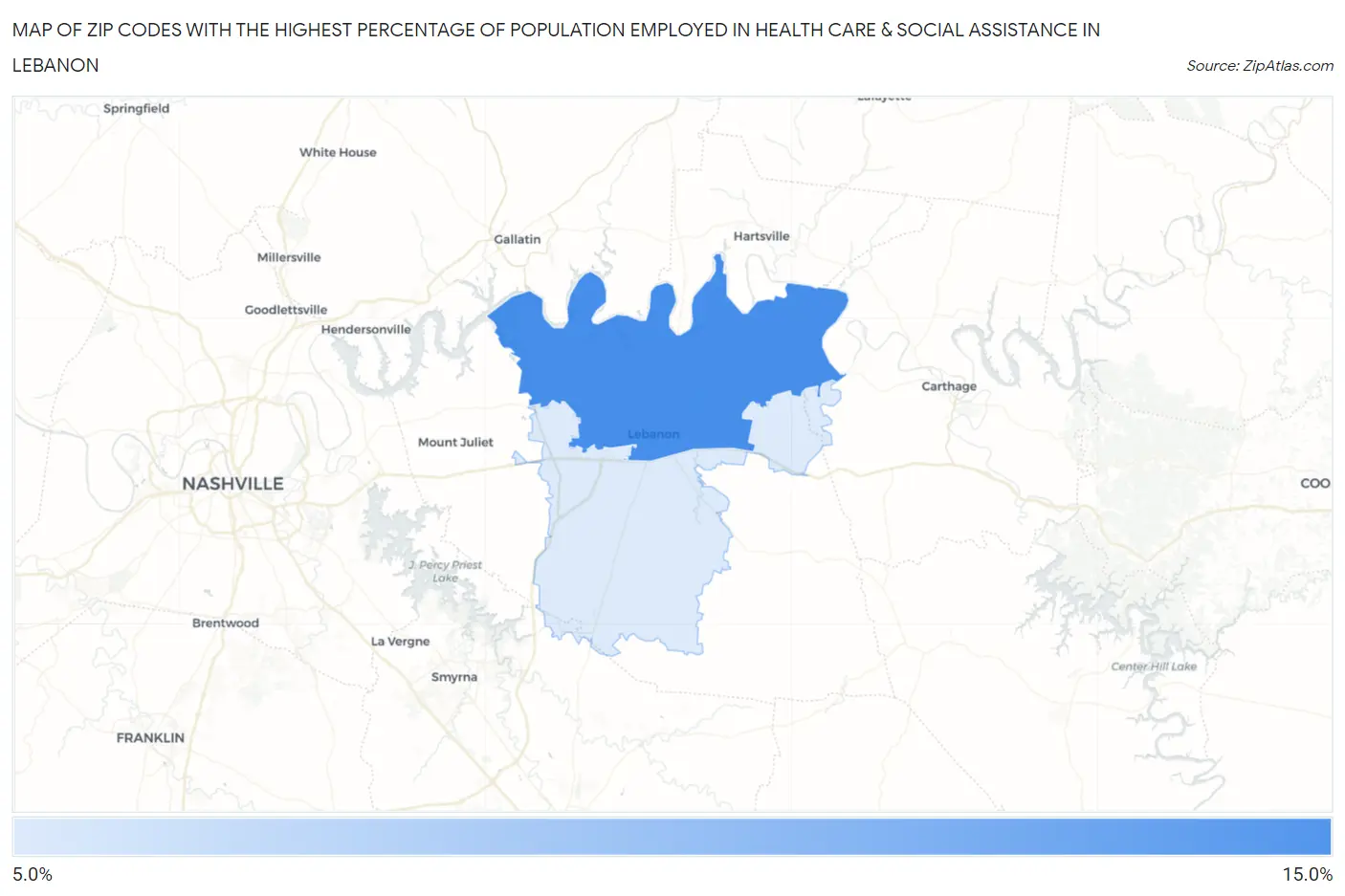 Zip Codes with the Highest Percentage of Population Employed in Health Care & Social Assistance in Lebanon Map