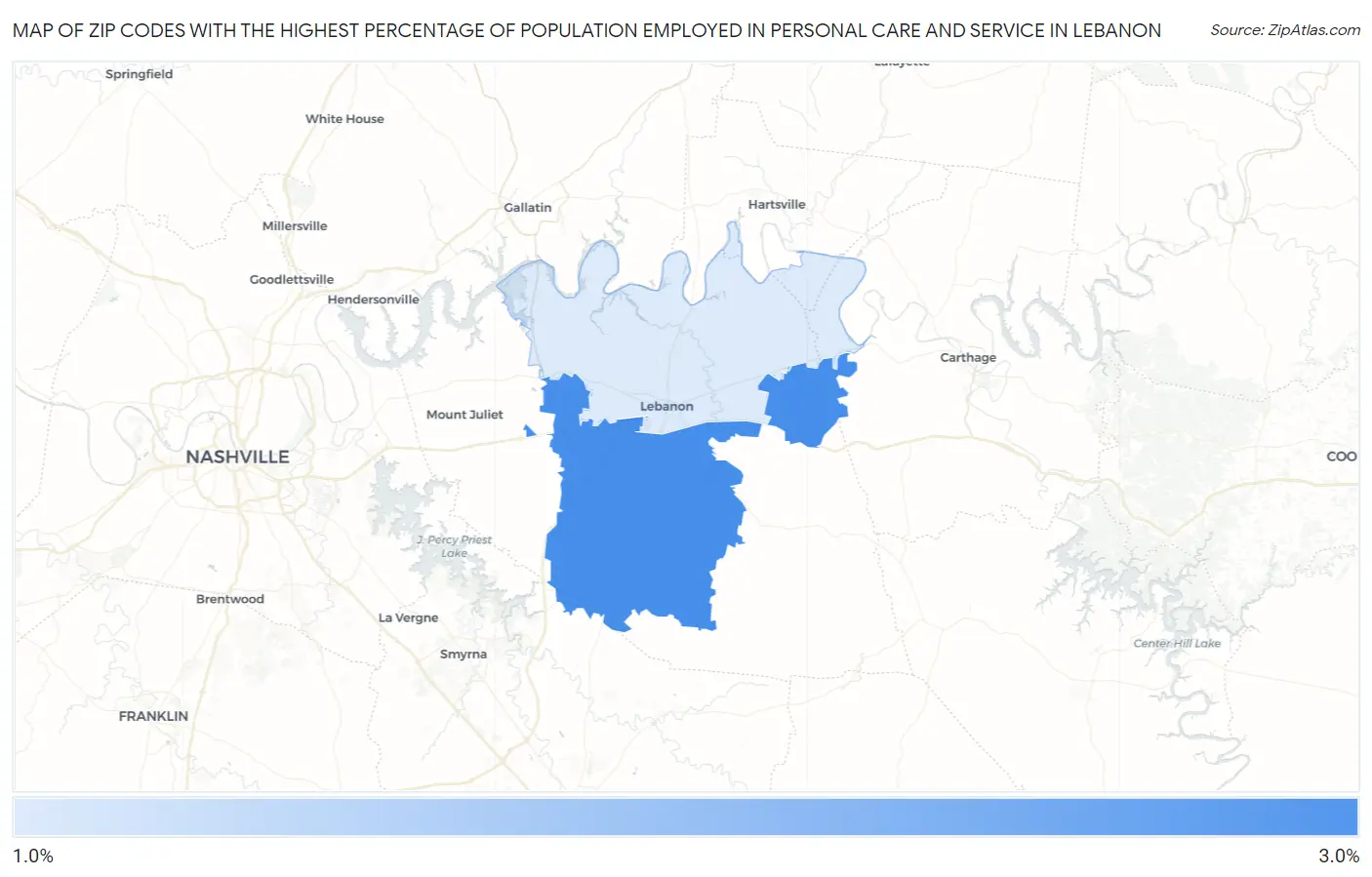 Zip Codes with the Highest Percentage of Population Employed in Personal Care and Service in Lebanon Map