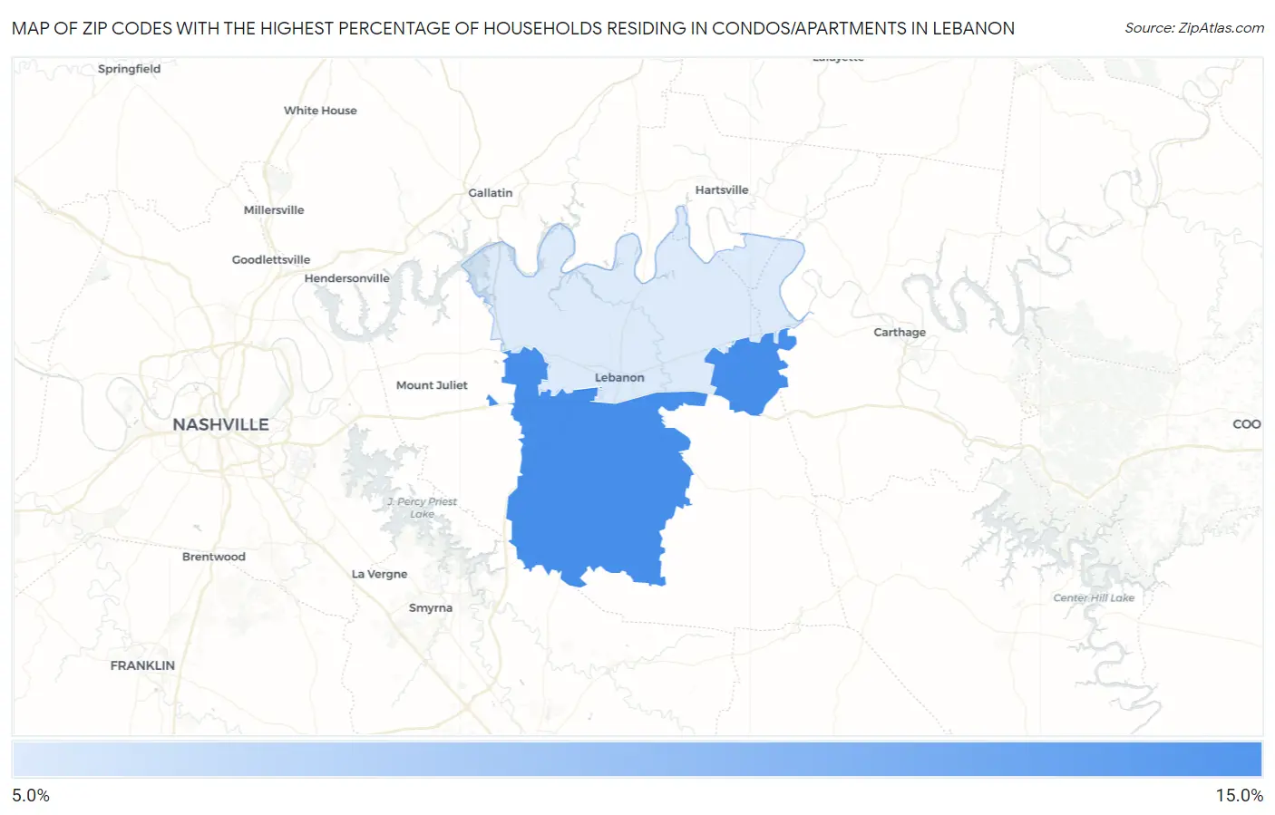 Zip Codes with the Highest Percentage of Households Residing in Condos/Apartments in Lebanon Map