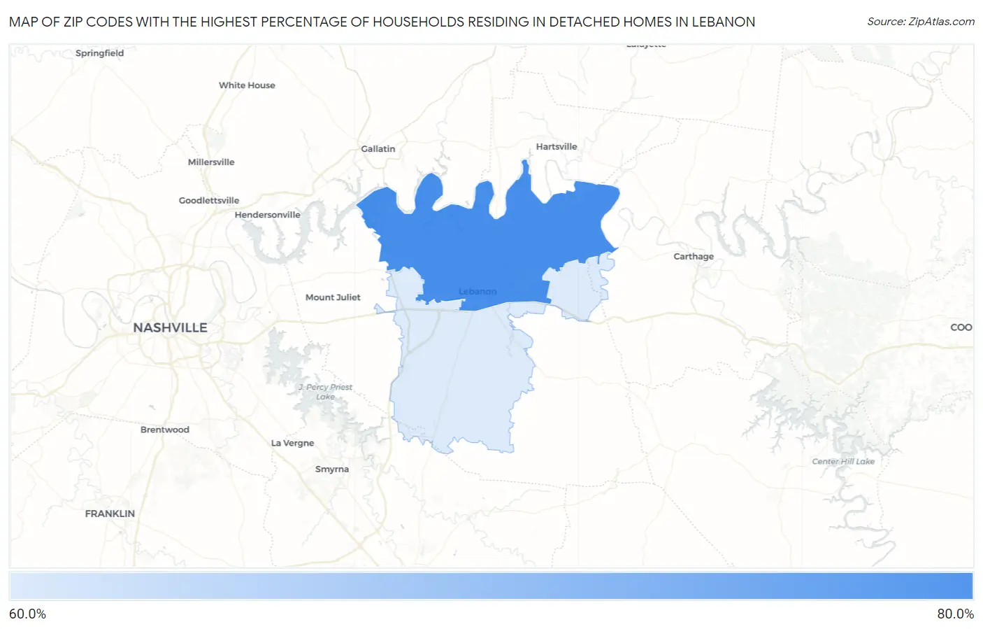 Zip Codes with the Highest Percentage of Households Residing in Detached Homes in Lebanon Map