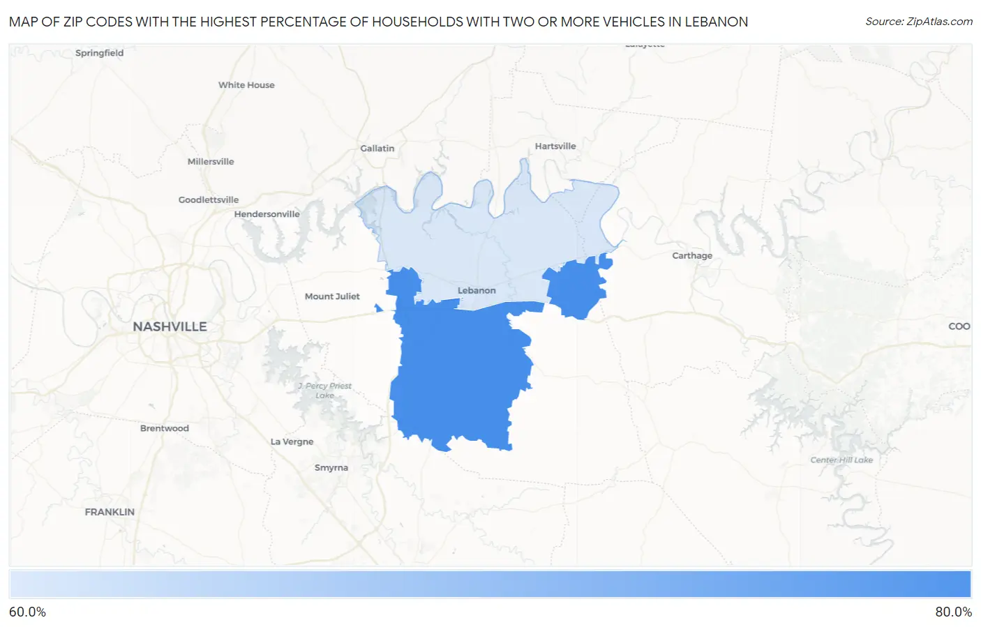 Zip Codes with the Highest Percentage of Households With Two or more Vehicles in Lebanon Map