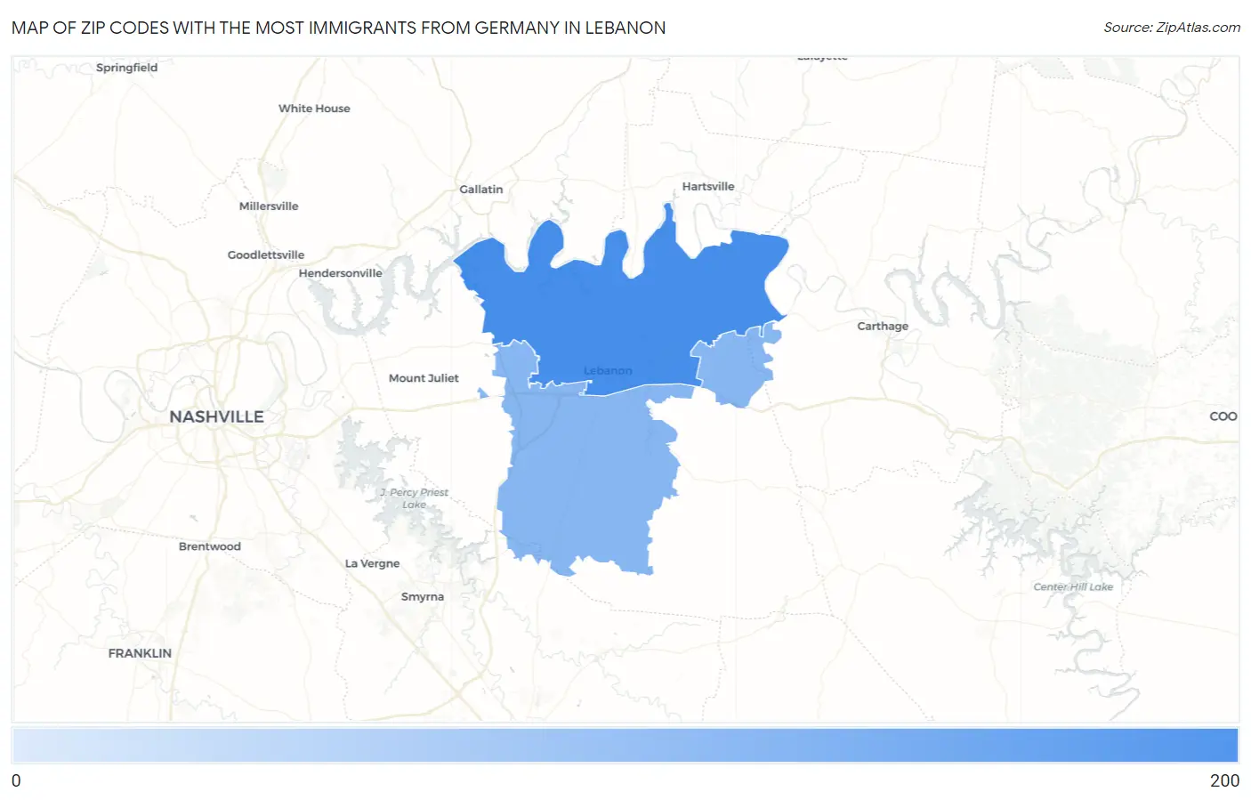 Zip Codes with the Most Immigrants from Germany in Lebanon Map