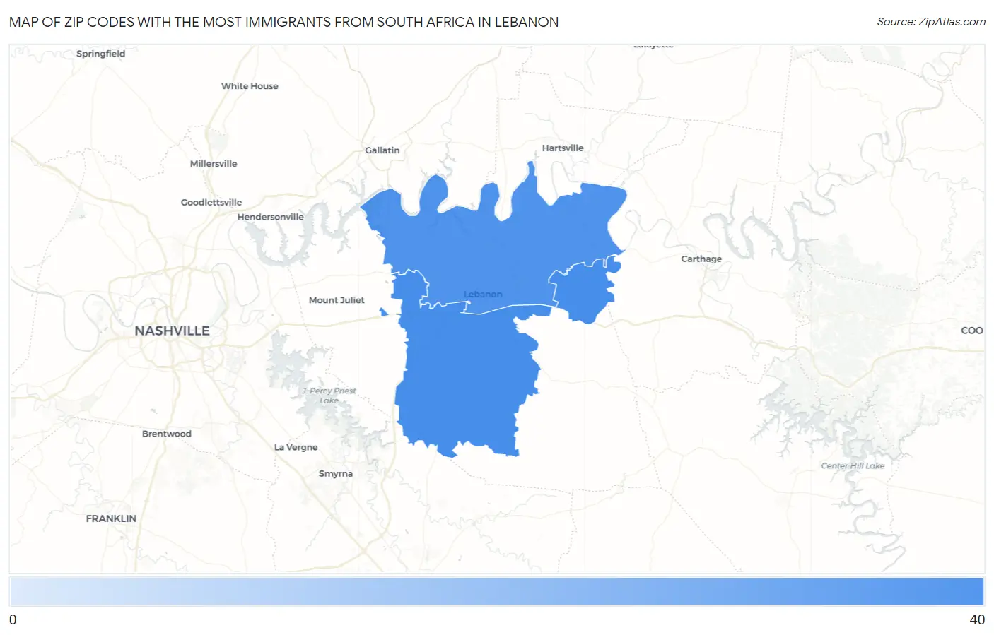 Zip Codes with the Most Immigrants from South Africa in Lebanon Map